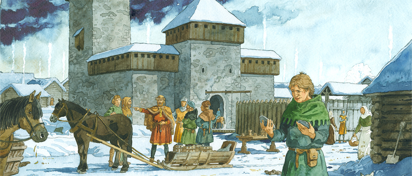 Målning av ett vintrigt medeltida Örebro slott och människor.