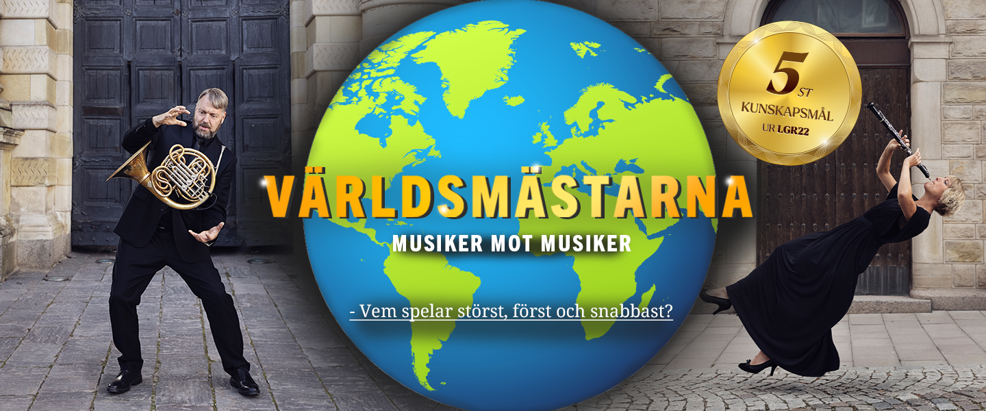 Bild på två musiker som trixar med instrument bakom en jordglob med texten "Världsmästarna"
