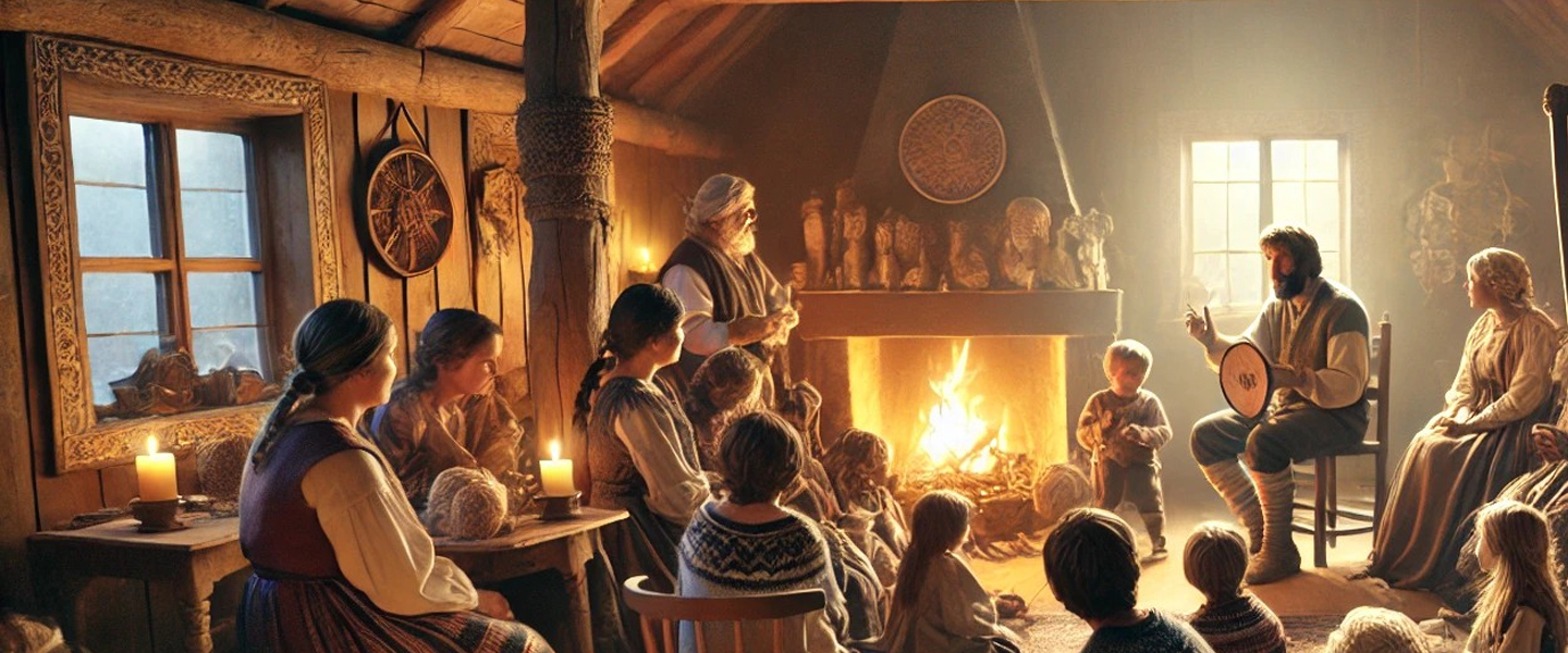 En grupp människor sitter samlade i en timrad stuga kring en öppen eld. Barn och vuxna lyssnar uppmärksamt på en man som berättar och spelar trumma, medan ljuset från elden och stearinljusen sprider en varm och sagolik stämning.