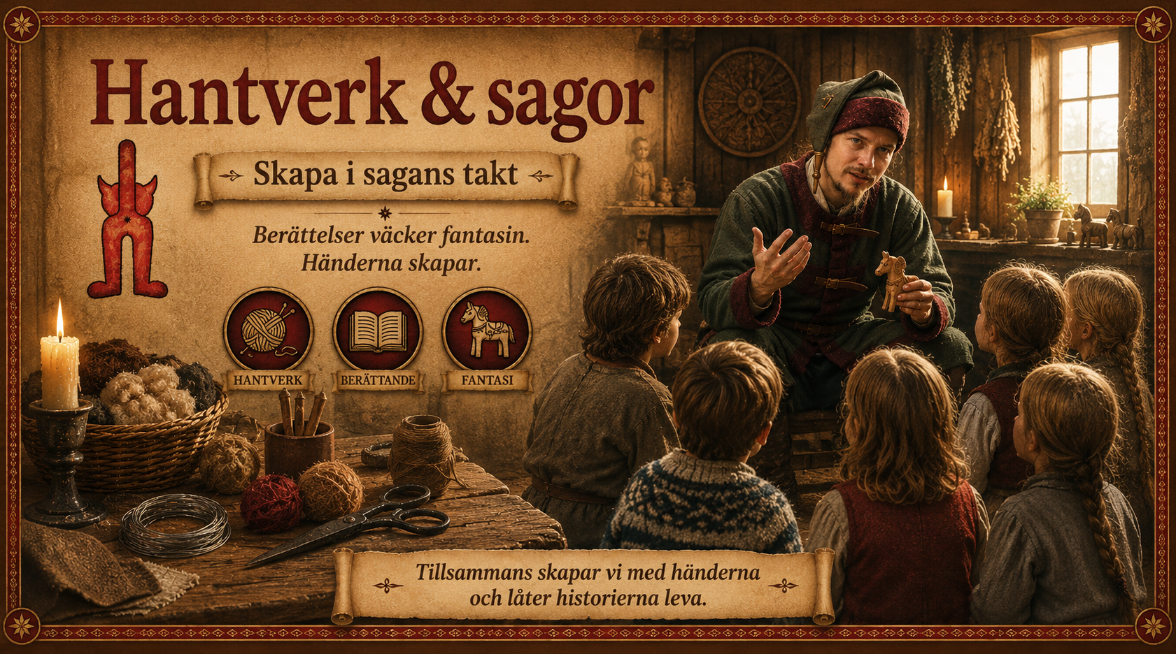 Bild för programmet Hantverk & sagor. En sagoberättare sitter tillsammans med en grupp barn i en varm, historisk miljö. Runt dem finns ull, garn, verktyg och annat hantverksmaterial. Bilden förmedlar hur berättande, fantasi och skapande med händerna vävs samman.