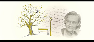På bilden syns Astrid Lindgren, ett handskrivet brev och ett träd med en parkbänk under