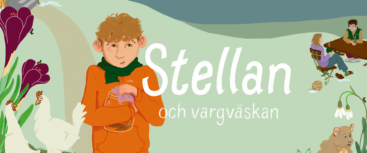 Illustration på Stellan bakom texten Stellan & Vargväskan