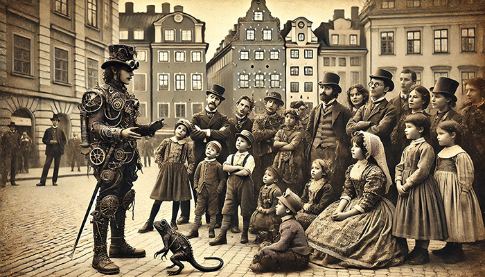 Personer står på ett torg, i gamla stan i stockholm. En illustrerad bild.